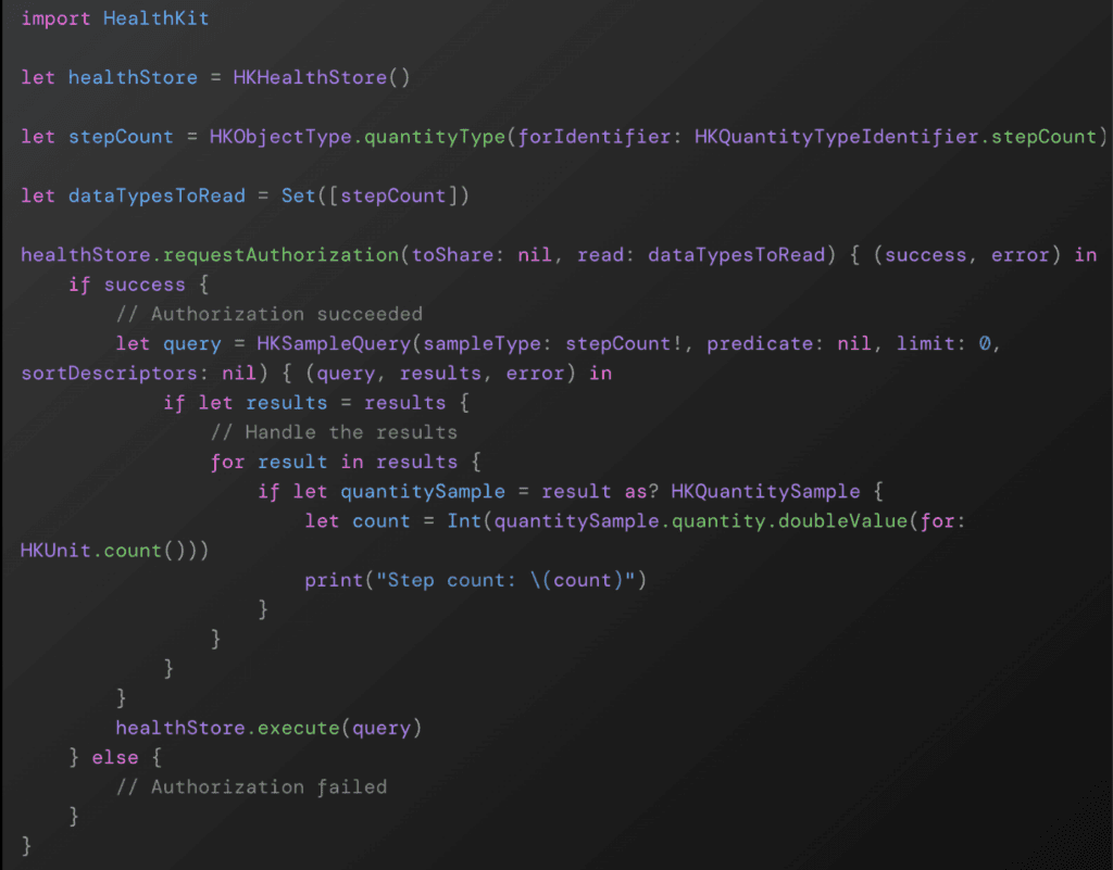 Snippet of requestAuthorization in Healthkit