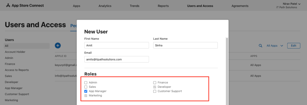Select the Roles of User