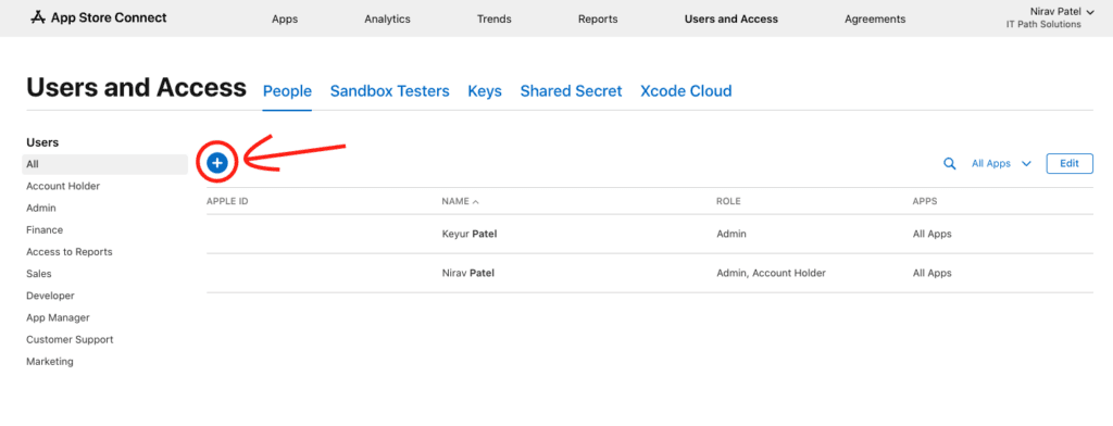 + Button to Add New Users in the App Store Connect Portal