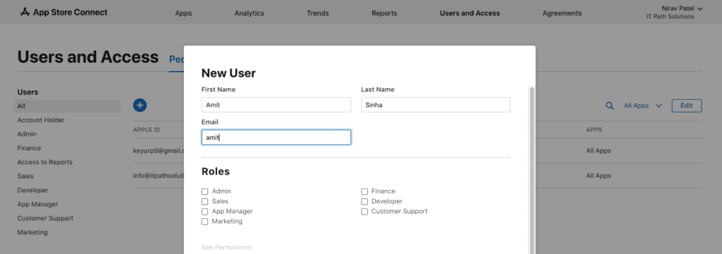 Select the Roles of User