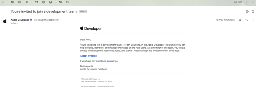 Invitation Email Received by the New User