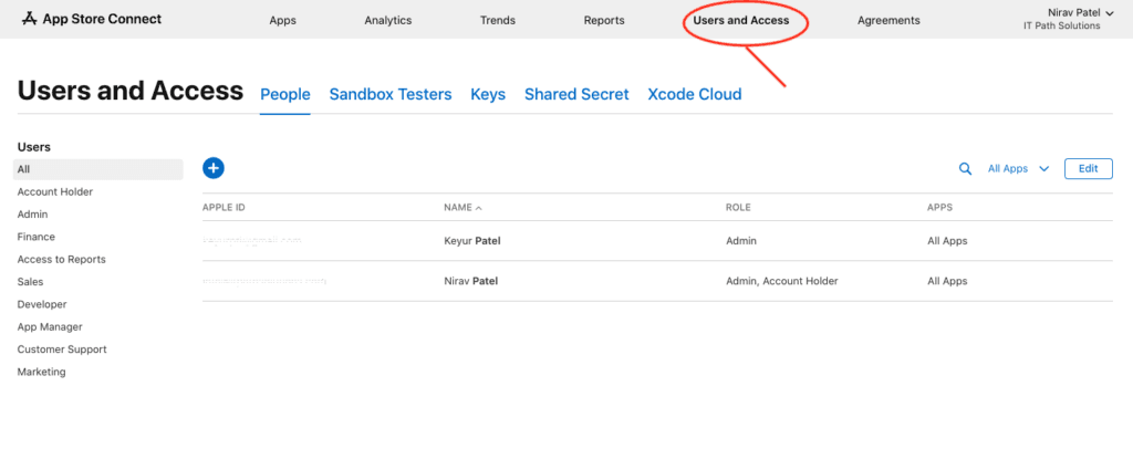 Users and Access' Section in the Top Bar of the Screen