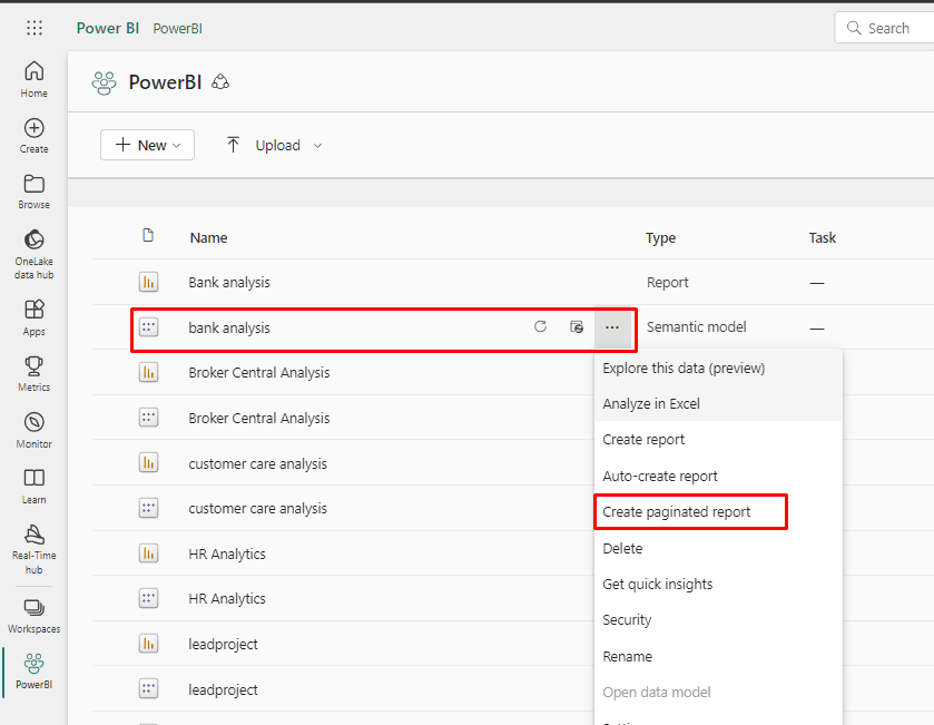 open your power bi dataset, Power BI Report Builder