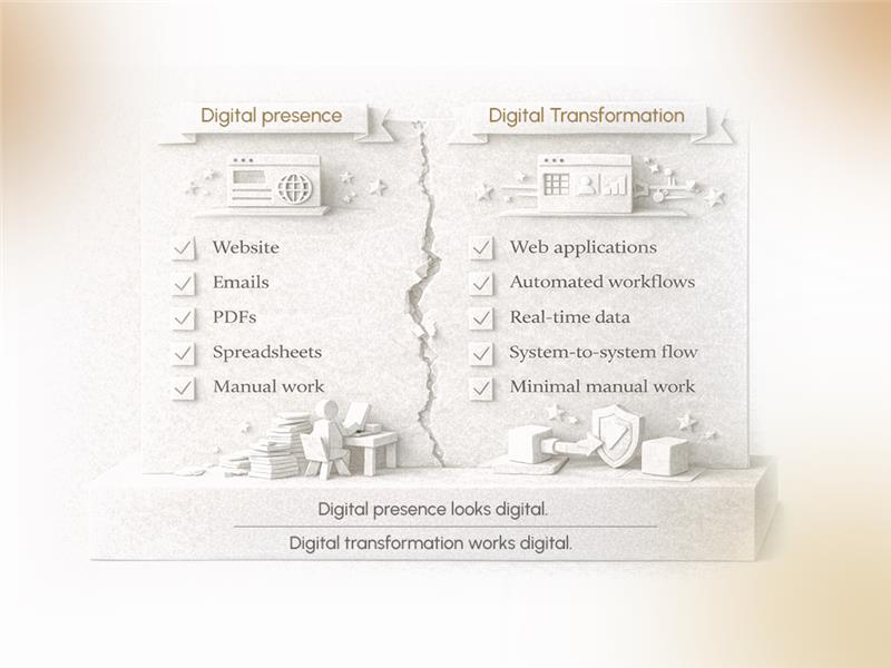 Digital presence vs digital transformation showing manual work