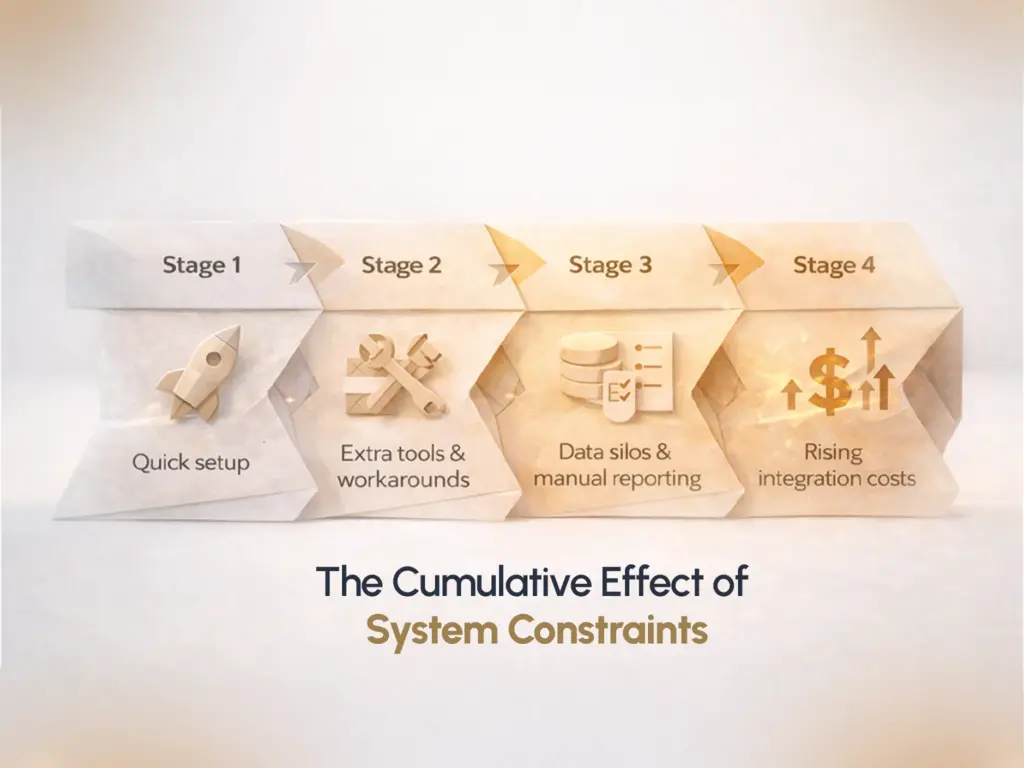 Cumulative effect of system constraints in off-the-shelf software showing rising integration cost