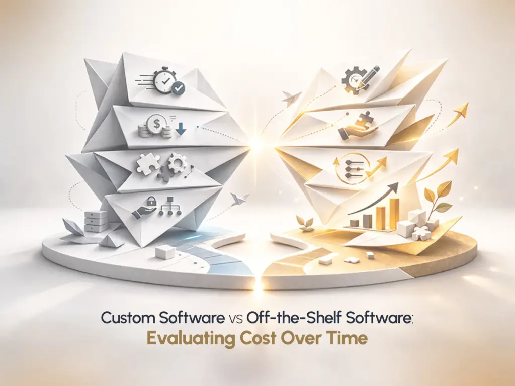 Custom software vs off-the-shelf software cost comparison over time illustration